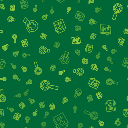 Set line Cross hospital medical, Magnifying glass for search and Medical prescription and pen on seamless pattern. Vector.のイラスト素材