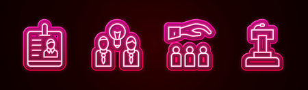Set line Identification badge, People with lamp bulb, Boss employee and Stage stand or tribune. Glowing neon icon. Vector.のイラスト素材