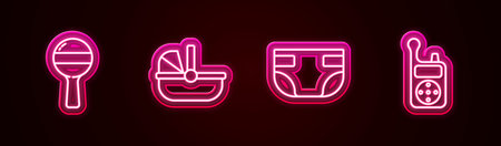 Set line Rattle baby toy, Baby stroller, absorbent diaper and Monitor Walkie Talkie. Glowing neon...