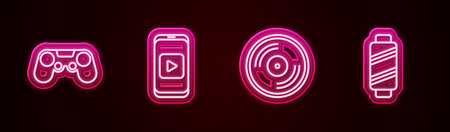 Set line Gamepad, Online play video, Vinyl disk and Sewing thread on spool. Glowing neon icon. Vector.のイラスト素材