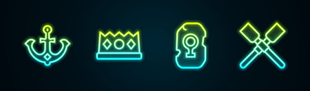 Set line Anchor King crown Magic rune and Oars paddles boat. Glowing neon icon. Vector.のイラスト素材