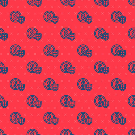 Blue line Money with shield icon isolated seamless pattern on red background. Insurance concept. Security, safety, protection, protect concept. Vector.のイラスト素材