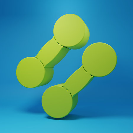 Green Dumbbell icon isolated on blue background. Muscle lifting icon, fitness barbell, gym, sports equipment, exercise bumbbell. Minimalism concept. 3D render illustration.の写真素材