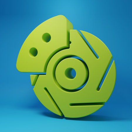 Green Car brake disk with caliper icon isolated on blue background. Minimalism concept. 3D render illustration.の写真素材