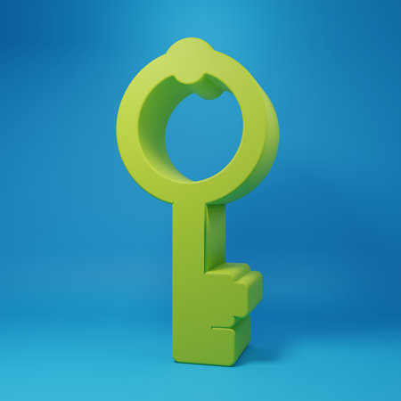 Green key icon isolated on blue background. Minimalism concept. 3D render illustration.の写真素材
