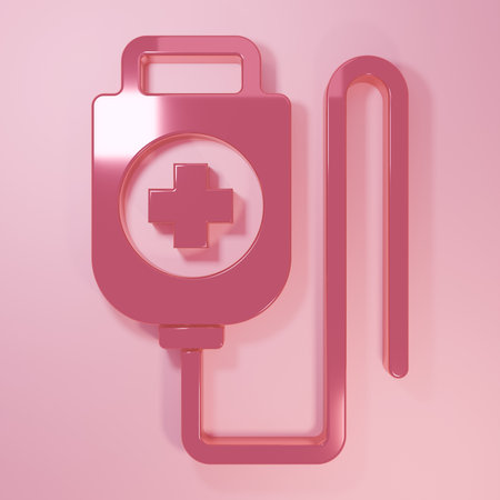 Pink IV bag icon isolated on pink background. Blood bag Donate blood concept. The concept of treatment and therapy, chemotherapy. Minimalism concept. 3D render illustration.の写真素材