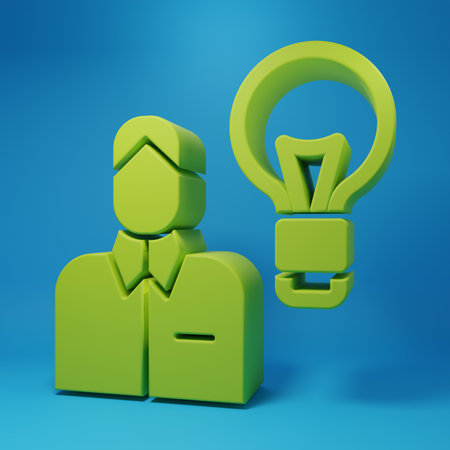 Green Human with lamp bulb icon isolated on blue background. Concept of idea. Minimalism concept. 3D render illustration.の写真素材