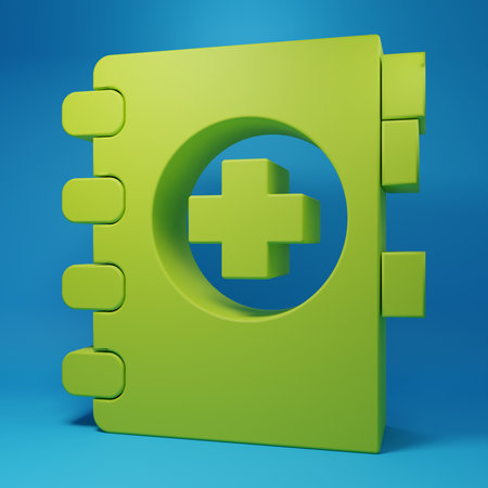 Green Medical clipboard with clinical record icon isolated on blue background. Prescription, medical check marks report. Minimalism concept. 3D render illustration.の写真素材