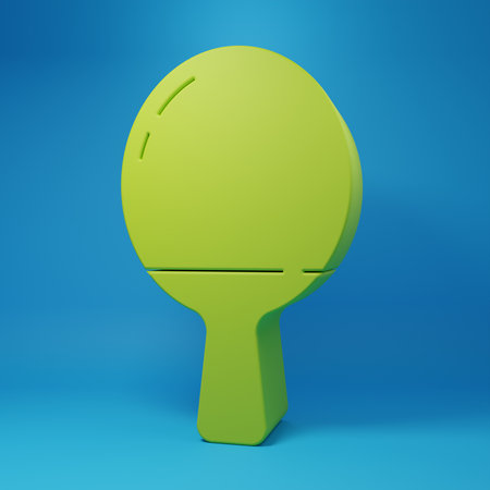 Green Racket for playing table tennis icon isolated on blue background. Minimalism concept. 3D render illustration.の写真素材