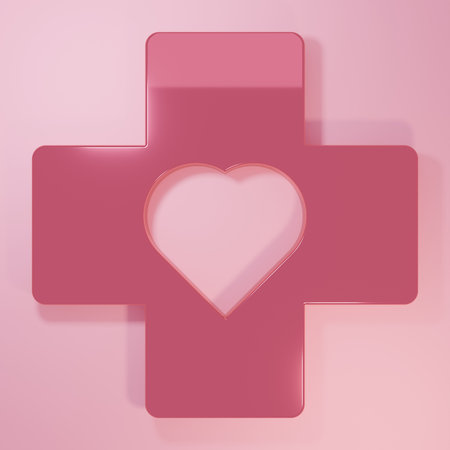 Pink Heart with a cross icon isolated on pink background. First aid. Healthcare, medical and pharmacy sign. Minimalism concept. 3D render illustration.の写真素材