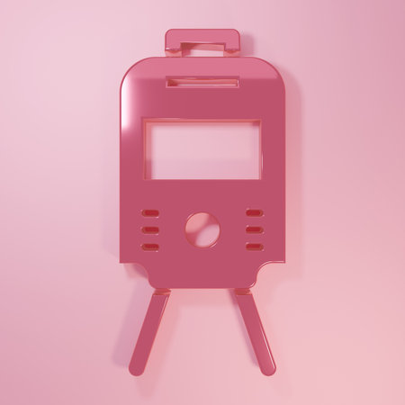 Pink Tram and railway icon isolated on pink background. Public transportation symbol. Minimalism concept. 3D render illustration.の写真素材