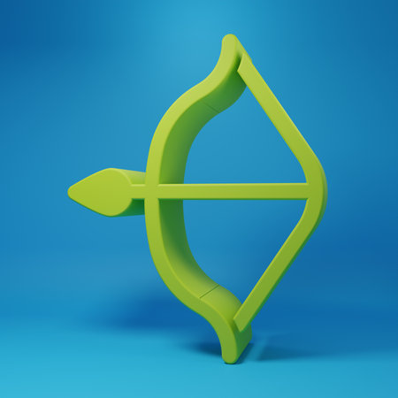 Green Medieval bow and arrow icon isolated on blue background. Medieval weapon. Minimalism concept. 3D render illustration.の写真素材