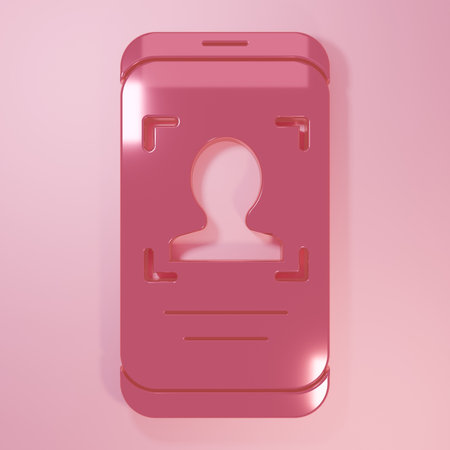 Pink Mobile phone and face recognition icon isolated on pink background. Face identification scanner icon. Facial id. Cyber security. Minimalism concept. 3D render illustration.の写真素材