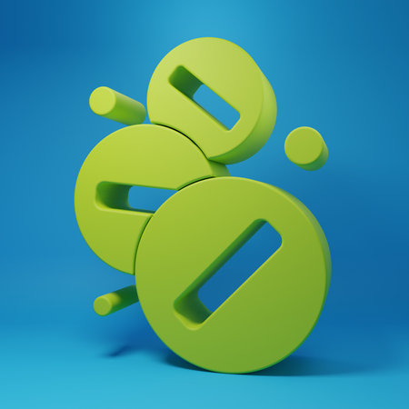Green pill or tablet icon isolated on blue background. Capsule pill. Minimalism concept. 3D render illustration.の写真素材