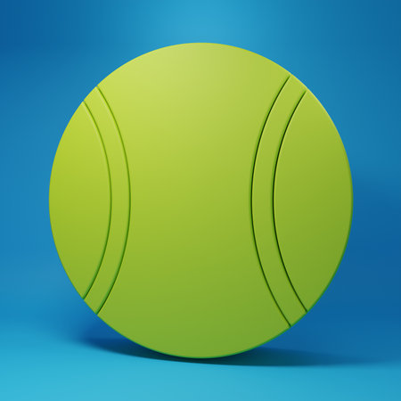 Green Tennis ball icon isolated on blue background. Sport equipment. Minimalism concept. 3D render illustration.の写真素材