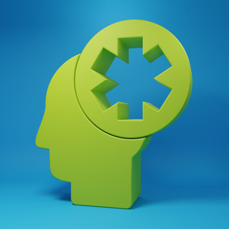 Green Male head with hospital icon isolated on blue background. Head with mental health, healthcare and medical sign. Minimalism concept. 3D render illustration.の写真素材