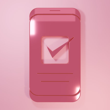 Pink smartphone, mobile phone icon isolated on pink background. Minimalism concept. 3D render illustration.の写真素材