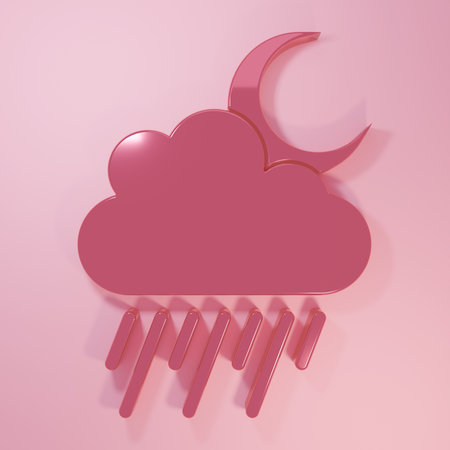 Pink Cloud with rain and moon icon isolated on pink background. Rain cloud precipitation with rain drops. Minimalism concept. 3D render illustration.の写真素材