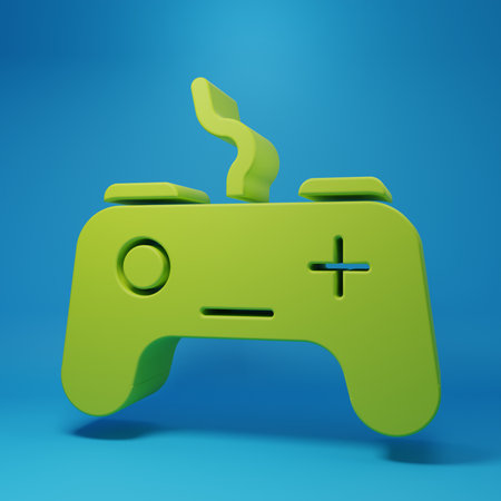 Green Gamepad icon isolated on blue background. Game controller. Minimalism concept. 3D render illustration.の写真素材