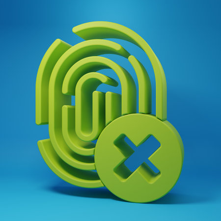 Green Canceled fingerprint icon isolated on blue background. Access denied for user concept. Error, fraud. Identification sign. Touch id. Minimalism concept. 3D render illustration.の写真素材