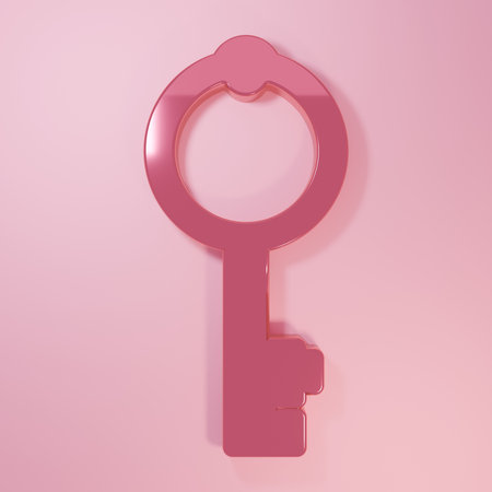 Pink Old key icon isolated on pink background. Minimalism concept. 3D render illustration.の写真素材