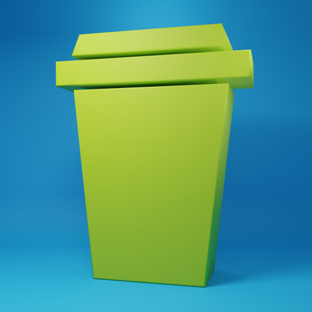 Green Coffee cup to go icon isolated on blue background. Minimalism concept. 3D render illustration.の写真素材