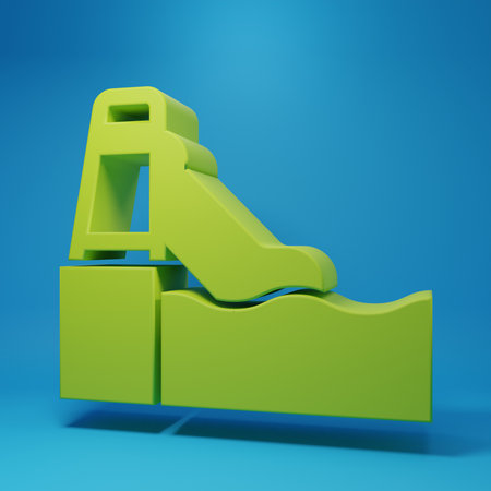 Green Water slide with pool icon isolated on blue background. Aquapark. Minimalism concept. 3D render illustration.の写真素材