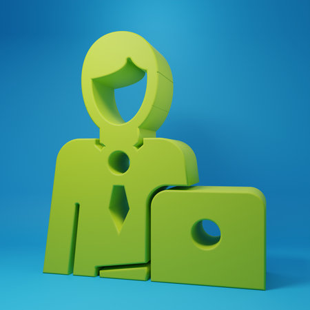 Green Businessman icon isolated on blue background. Business avatar symbol user profile icon. Male user sign. Minimalism concept. 3D render illustration.の写真素材
