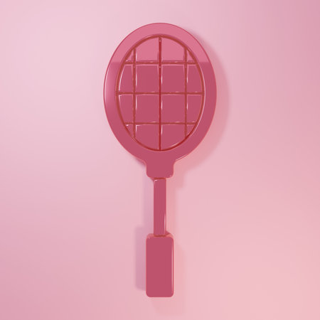 Pink Tennis racket icon isolated on pink background. Sport equipment. Minimalism concept. 3D render illustration.の写真素材