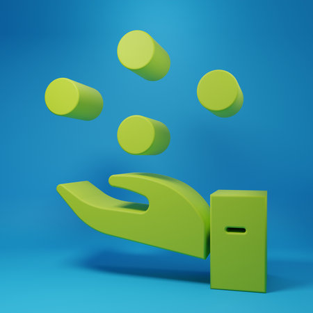 Green Juggling ball icon isolated on blue background. Minimalism concept. 3D render illustration.の写真素材