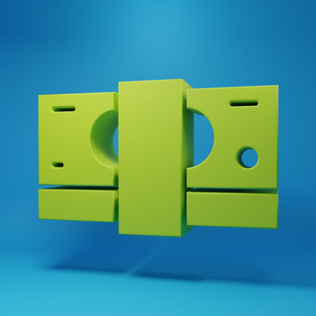 Green Stacks paper money cash icon isolated on blue background. Money banknotes stacks. Bill currency. Minimalism concept. 3D render illustration.の写真素材