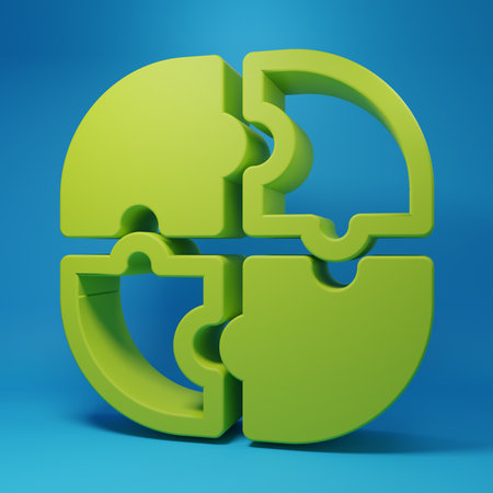 Green Piece of puzzle icon isolated on blue background. Business, marketing, finance, template, layout, infographics, internet concept. Minimalism concept. 3D render illustration.の写真素材