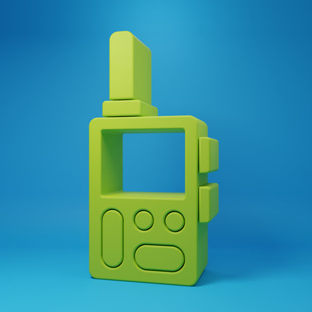 Green Walkie talkie icon isolated on blue background. Portable radio transmitter icon. Radio transceiver sign. Minimalism concept. 3D render illustration.の写真素材