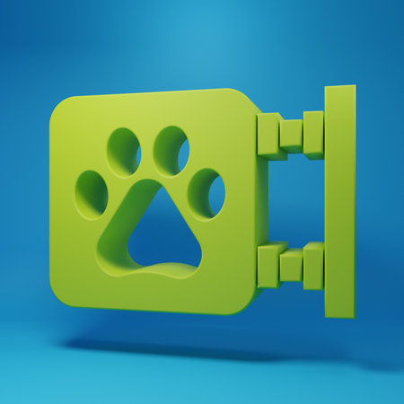 Green Veterinary clinic symbol icon isolated on blue background. Cross hospital sign. A stylized paw print dog or cat. Pet First Aid sign. Minimalism concept. 3D render illustration.の写真素材
