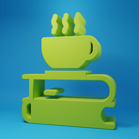 Green Coffee cup and book icon isolated on blue background. Tea cup. Hot drink coffee. Minimalism concept. 3D render illustration.の写真素材