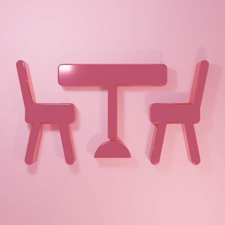 Pink Picnic table with chairs on either side of the table icon isolated on pink background. Minimalism concept. 3D render illustration.の写真素材