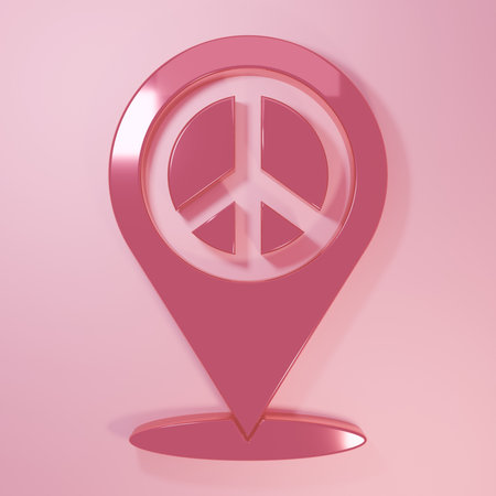 Pink Location peace icon isolated on pink background. Hippie symbol of peace. Minimalism concept. 3D render illustration.の写真素材