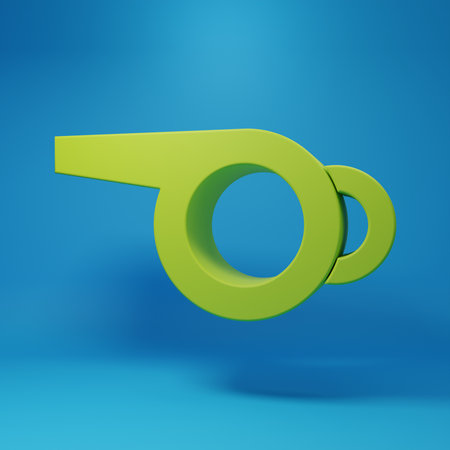 Green Whistle icon isolated on blue background. Referee symbol. Fitness and sport sign. Minimalism concept. 3D render illustration.の写真素材