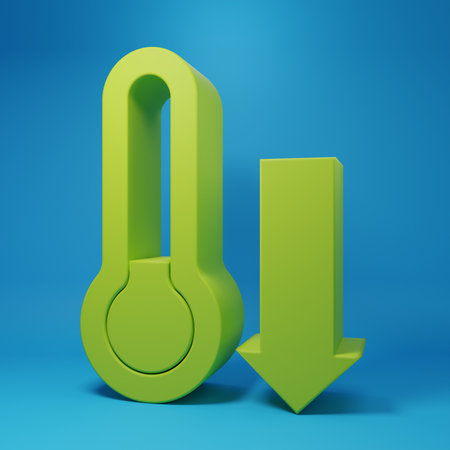 Green Meteorology thermometer measuring icon isolated on blue background. Thermometer equipment showing hot or cold weather. Minimalism concept. 3D render illustration.の写真素材