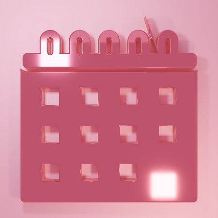 Pink Calendar icon isolated on pink background. Event reminder symbol. Minimalism concept. 3D render illustration.の写真素材