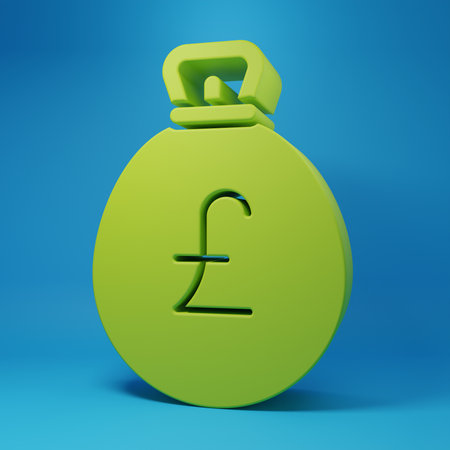 Green Money bag with pound icon isolated on blue background. Pound GBP currency symbol. Minimalism concept. 3D render illustration.の写真素材