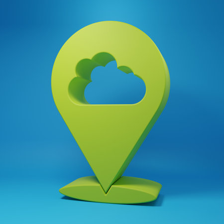 Green Location cloud icon isolated on blue background. Minimalism concept. 3D render illustration.の写真素材