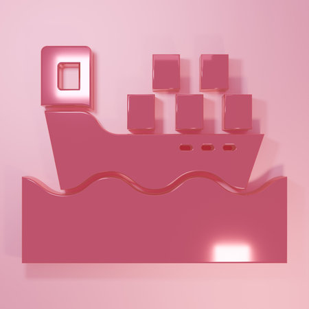 Pink Cargo ship with boxes delivery service icon isolated on pink background. Delivery, transportation. Freighter with parcels, boxes, goods. Minimalism concept. 3D render illustration.の写真素材