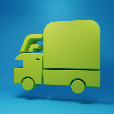 Green Delivery cargo truck vehicle icon isolated on blue background. Minimalism concept. 3D render illustration.の写真素材