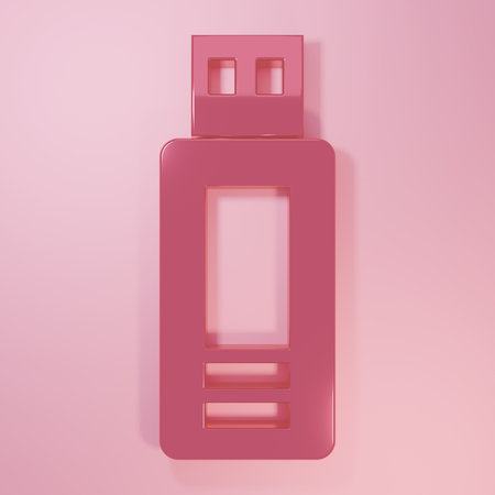 Pink USB flash drive icon isolated on pink background. Minimalism concept. 3D render illustration.の写真素材