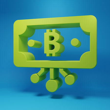 Green Cryptocurrency bitcoin in circle with microchip circuit icon isolated on blue background. Blockchain technology, digital money market. Minimalism concept. 3D render illustration.の写真素材