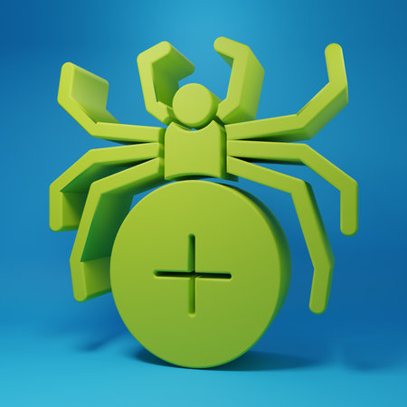 Green Spider icon isolated on blue background. Minimalism concept. 3D render illustration.の写真素材