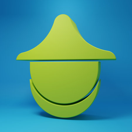 Green Beekeeper with protect hat icon isolated on blue background. Special protective uniform. Minimalism concept. 3D render illustration.の写真素材