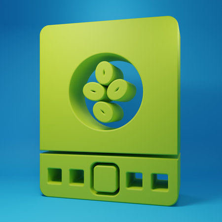 Green Electronic coffee scales icon isolated on blue background. Weight measure equipment. Minimalism concept. 3D render illustration.の写真素材