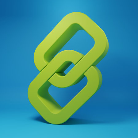 Green Chain link icon isolated on blue background. Link single. Hyperlink chain symbol. Minimalism concept. 3D render illustration.の写真素材